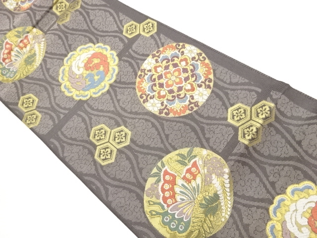 JAPANESE FUKURO OBI / WOVEN FLOWER CREST & BUTTERFLY